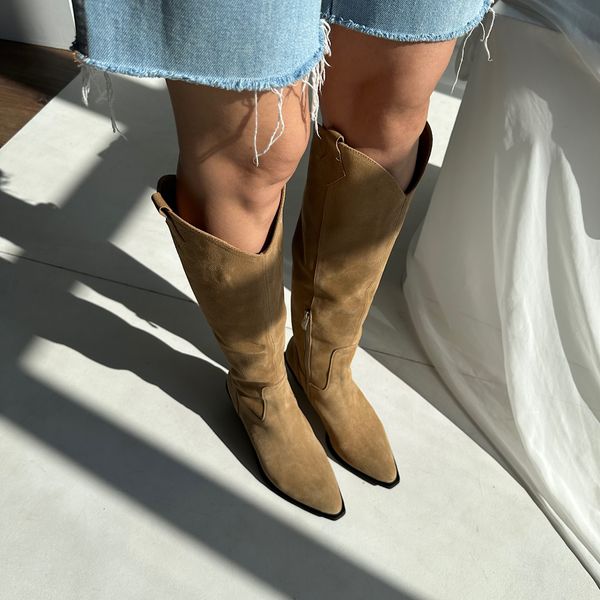 High suede cowboy boots, 36, Caramel